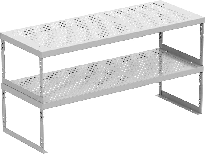 Asiingkel Stackable Expandable Metal Shelf Organizer - Adjustable Wire Storage Rack with Holes for Kitchen, Bathroom, Cabinet, Office - Space Saving, Durable & Sturdy Design（2PACKS/Medium/White
