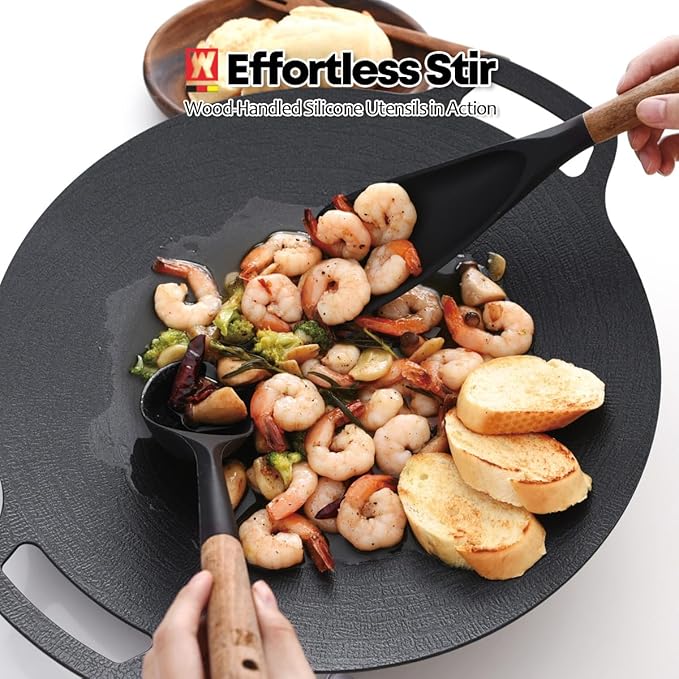 WAGENSTEIGER Silicone Long Head Cooking & Serving Spoon with Wooden Handles: Multi-Functional Design, Silicone Rounded Spatula for Mixing, Scoop, and Scrape, Great for Stir Frying