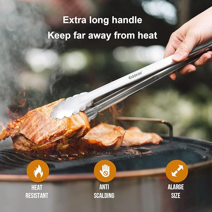 EDDEAS Grill Tongs - BBQ Tongs Heat Resistant 600 Degrees, Heavy Duty Metal, Perfect for Cooking, Grilling, Set of 4, 7",9",12" & 14 inch Black