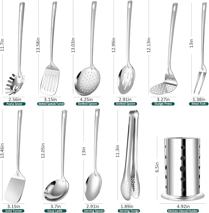 Lazycorner Kitchen Utensils Set, 11pcs Stainless Steel Cooking Utensils Set with Holder – Includes Turners, Potato Masher, Spatula, Spoons, Pasta Server, Tongs, Soup Ladle, Serving Spoon