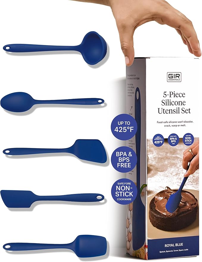 GIR 5-Piece Silicone Kitchen Utensils Set, Non-Toxic Cooking Utensils for Cooking and Baking, Heat Resistant, Food Grade, Dishwasher Safe Rubber Spatula, Ladle, Spoon - Royal Blue