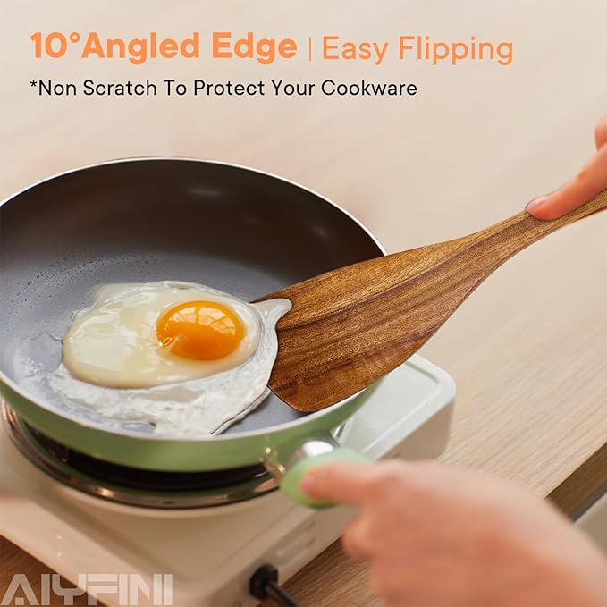 Non-Toxic Wooden Kitchen Utensils Set, 15.4" Long Handle Wood Spatula for Cooking, Egg Flipper Fish Turner Spatula for Non Stick Frying Pan, with Chopsticks, Soup Ladle, Pasta Spoon, Holder, Rest