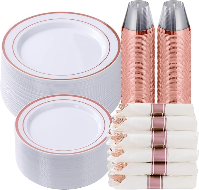 Goodluck 350 Piece Rose Gold Plastic Dinnerware Set for 50 Guests