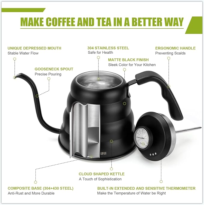 Pour Over Tea Kettle for Manual Drip Coffee,Tea,with Thermometer,Black,28oz