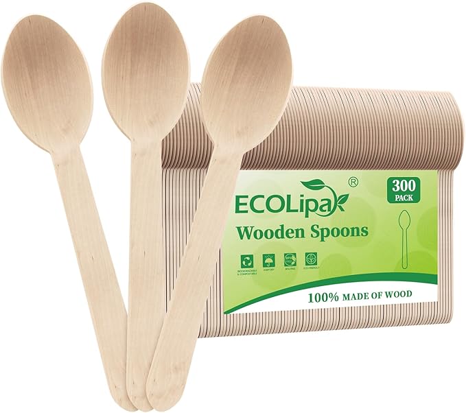 ECOLipak 300 Count Compostable Wooden Disposable Spoons for Party, Dinner
