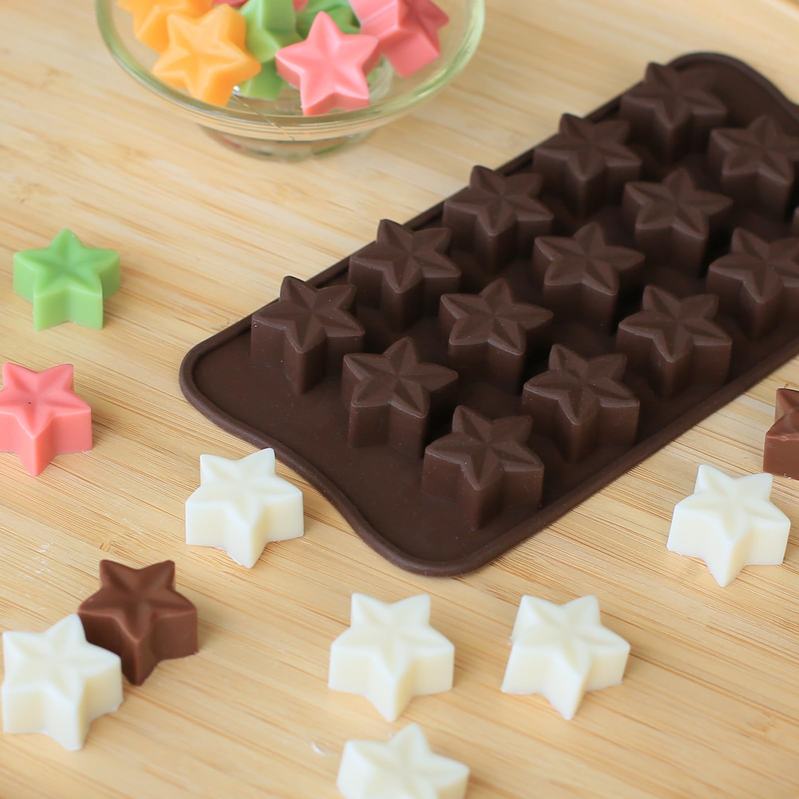Dacthuw Small Star Chocolate Molds Silicone, Food Grade Silicone Candy Molds for Bite Size Gummy/Jelly/Fruit Snacks, 15 Cavities Mini Star Mold for Soap/Candle/Wax Melt, 2 Pcs