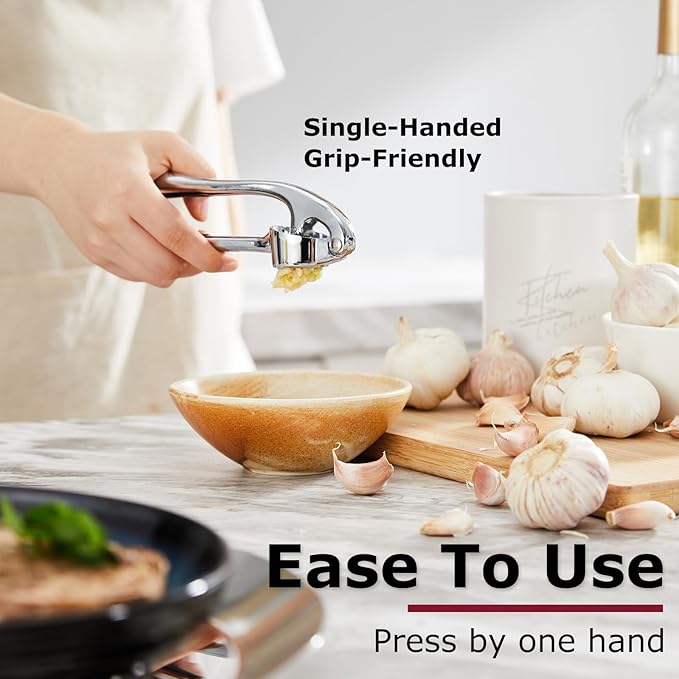 Kitessensu High Effective Premium Garlic Press Set, With Silicone Garlic Peeler & Brush, Heavy Duty Garlic Mincer, Easy to Squeeze and Clean, Rust Proof - Gloss Silver