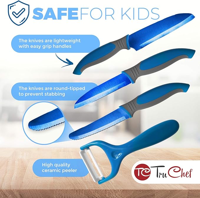TruChef 5-Piece Kids Knife Set | Real Stainless Steel Cooking Knives with Peeler, Serrated Blade & Storage Stand | Safe, Easy-Grip Design – Fun Junior Chef Set for Boys & Girls (5 pcs, Blue)