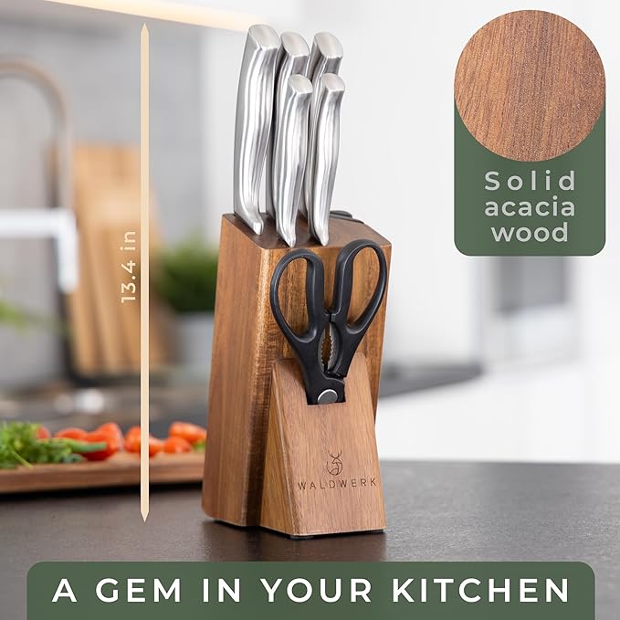 WALDWERK Knife Set - 7pcs Kitchen Knife Set with Block and Integrated Sharpener - Kitchen Knife Set - Knife Block Set - Kitchen Knifes - Knives Set for Kitchen - Knife Block - Knife Set with Block