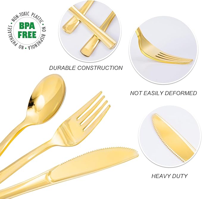 N9R 200PCS Gold Plastic Silverware, Heavy Duty Disposable Utensils/Cutlery