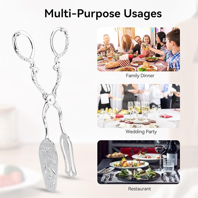 9in Vintage Salad Tong for Serving, Zinc Alloy Silver Food Serving Tongs Salad Steak Clip Buffet Tongs Kitchen Utensils for Buffet Catering Bread BBQ, 8.5x4.5in (1PCS)