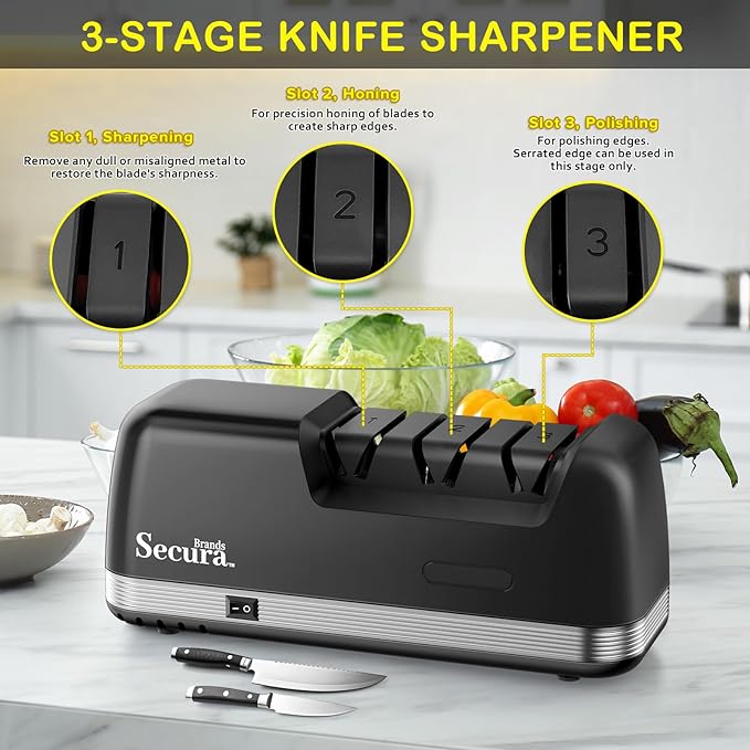 Secura 3-Stage Electric Knife Sharpener with Diamond Abrasives and Precision Angle Guides, Professional Sharpening Tool for Kitchen Straight Edge and Ceramic Knife, Black