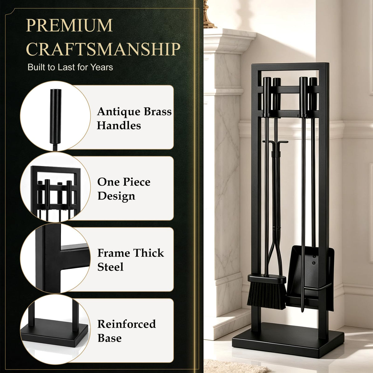 FEED GARDEN 5-Piece Fireplace Tool Set, 30" One-Piece Stand, Wrought Iron