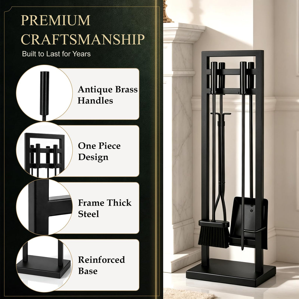 FEED GARDEN 5-Piece Fireplace Tool Set, 30" One-Piece Stand, Wrought Iron