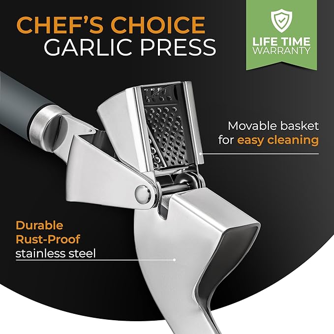 ORBLUE Garlic Press and Peeler Set, Stainless Steel - Professional Grade Mincer, Crusher - Dishwasher Safe & Rust-proof, Gray