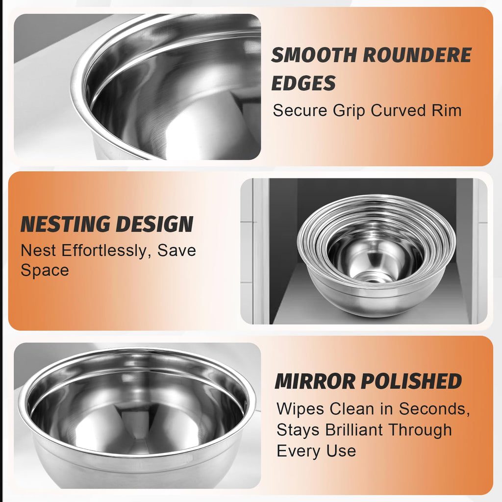 BEWOS Mixing Bowls with Lids Set - 5 Pcs Stainless Steel Mixing Bowls With 3 Grater Attachments, Size 4.5, 4, 3.5, 2.1, 1.5QT Metal Bowls for Baking and Serving (Black)