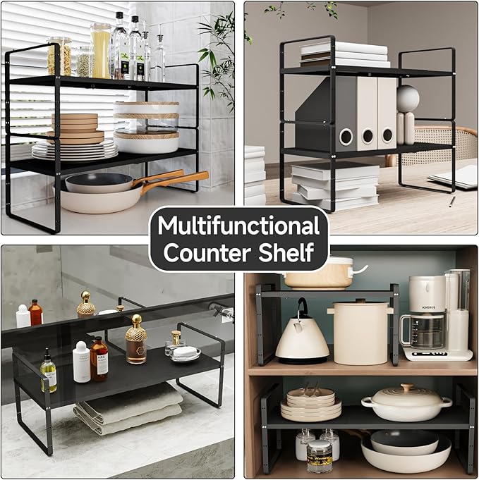 jkxoo 2Pcs Expandable Cabinet Shelf Organizers, 16.5"~27''L, Black