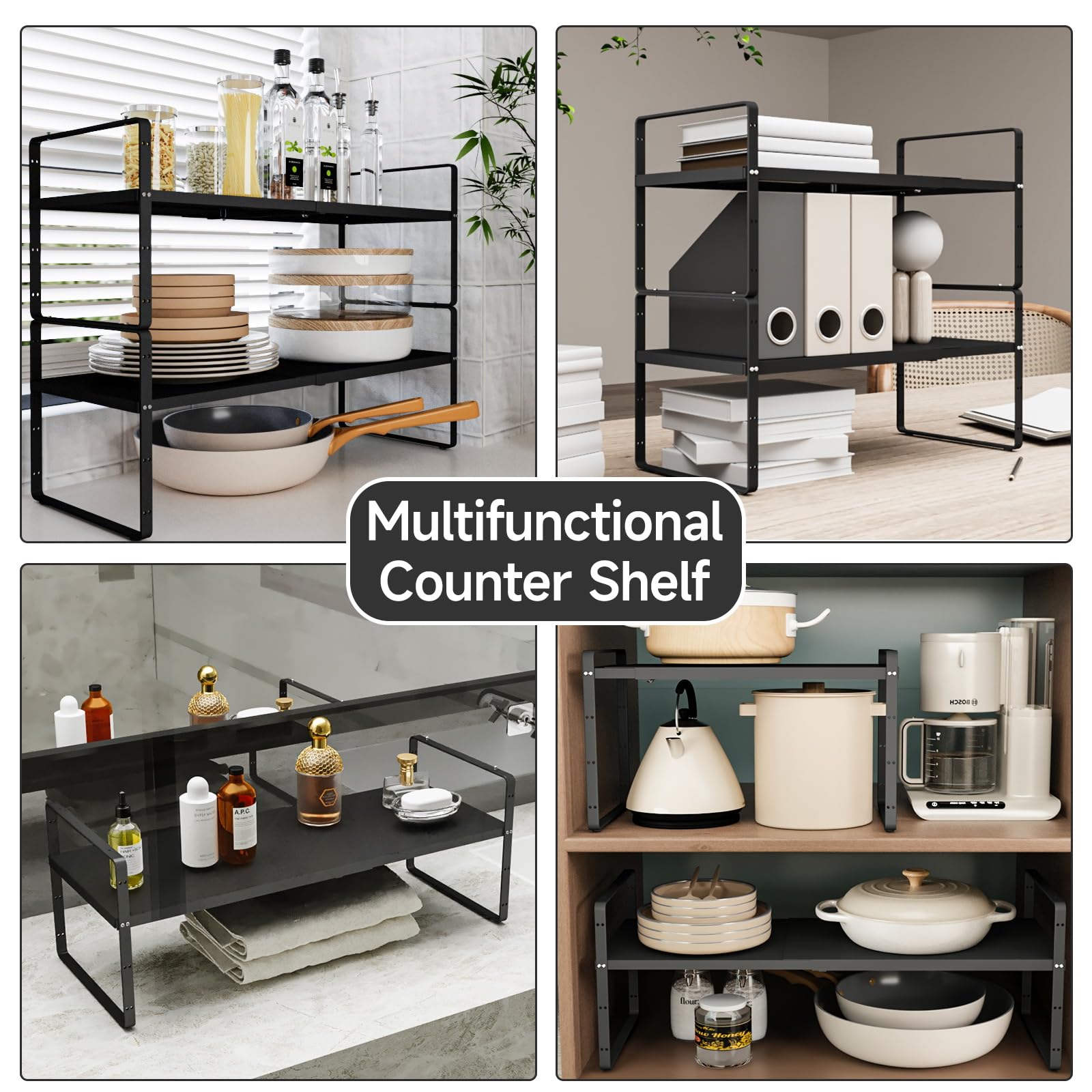 jkxoo 2pcs Expandable Cabinet Shelf Organizer, 16.5"~27''L, Black