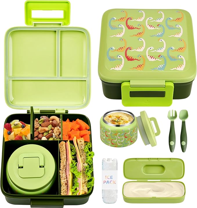 JXXM Bento Lunch Box for Kids with 8oz Soup Thermo,Leak-Proof Lunch Containers with 5 Compartment,Thermo Food Jar Food Containers for School (Green-Colorful Dinosaur)