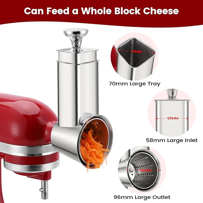 Stainless Steel Slicer Shredder Attachment for KitchenAid Mixers, Dishwasher Safe Cheese Grater Attachment, Food Slicer & Vegetable Shreder Accessory with 4 Blades