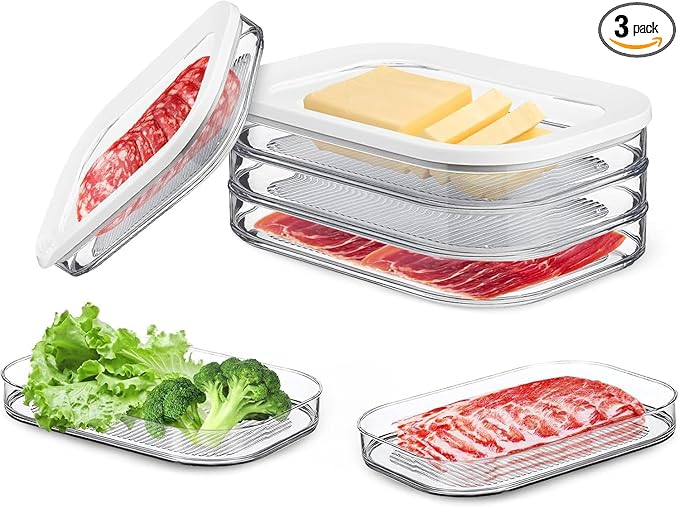 NEEJUM Deli Meat Container for Fridge, Stackable Lunch Meat Container for Refrigerator, Transparent Deli Meats Containers with Lid for Cold Cuts,Salami, Meal Prep Containers, BPA Free, 3pcs