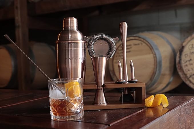 Mint & Mortar Cocktail Shaker Set – 7-Piece Stainless Steel Bartender Kit with Premium Bamboo Stand for Home Bartending - All-in-One Mixology Set for Beginners & Pros (Brushed Copper)