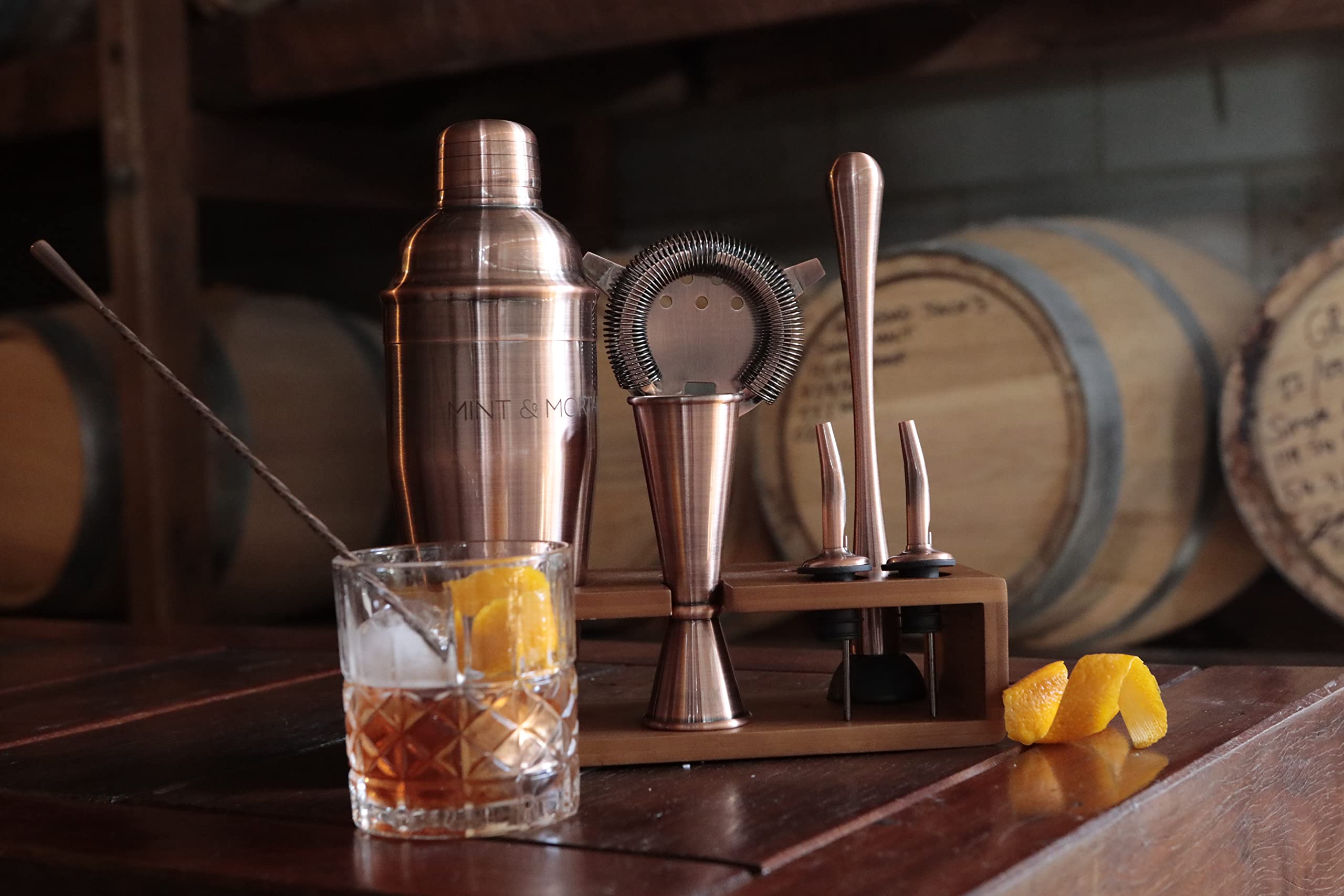 Mint & Mortar Cocktail Shaker Set – 7-Piece Stainless Steel Bartender Kit with Premium Bamboo Stand for Home Bartending - All-in-One Mixology Set for Beginners & Pros (Brushed Copper)