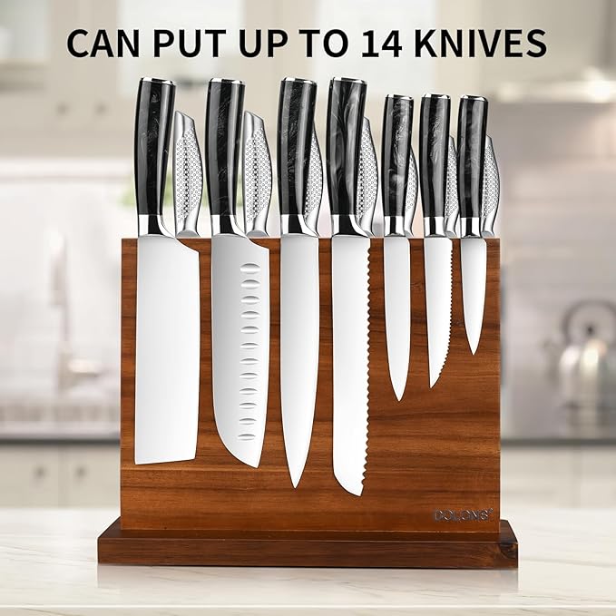 Magnetic Knife Block, Acacia Wood Kitchen Knife Holder, Multifunctional Double Side Knife Storage Organizer for Kitchen Counter ，Equipped with powerful enhanced magnets (Without knife)