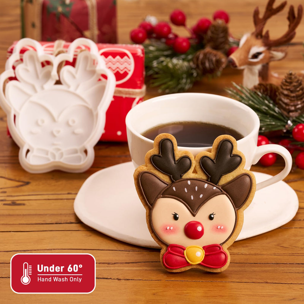 Flycalf Christmas Cookie Cutters Reindeer with Plunger Stamps Holiday PLA Baking Accessories Cutter Molds Gifts Decorative Party 3.5" Kitchen Cake Supplies
