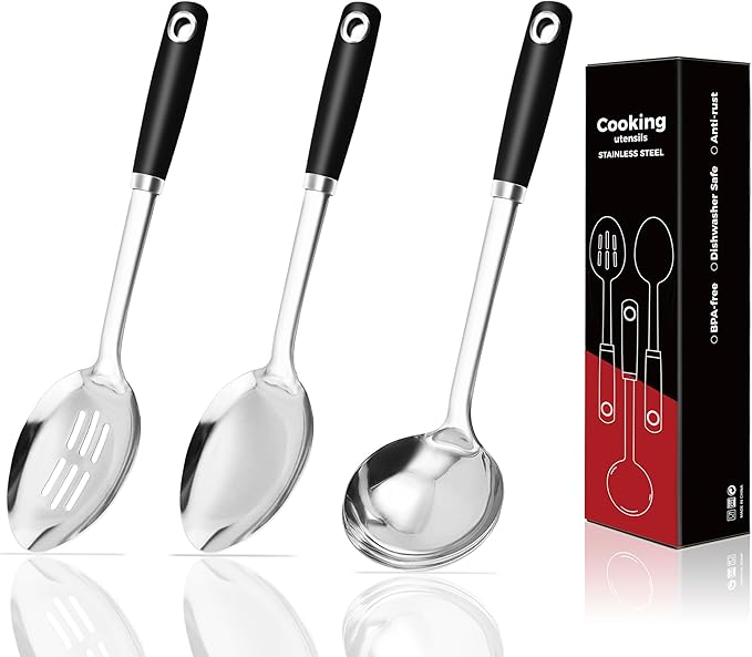 MUJINON 14-in Cooking Spoons Set, Heavy Duty 18/0 Stainless Steel Large Serving Spoons Set, Slotted Spoon, Cooking Spoon & Soup Ladle, Commercial and Residential Use, Pack of 3