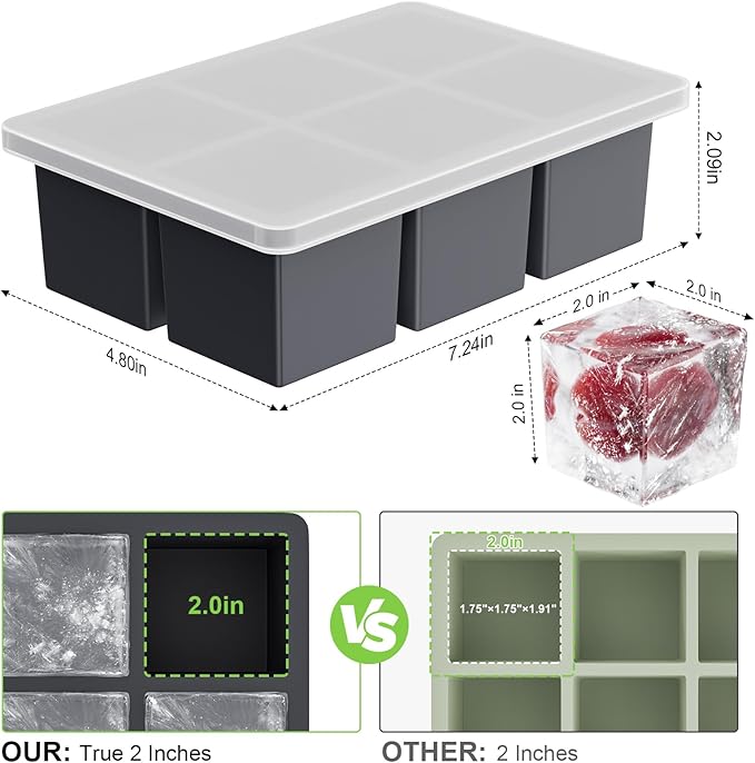 Large Ice Cube Tray for Whiskey: 2" Big Silicone Ice Tray with Lid for Whisky - 3Pack Old Fashioned Ice Cube Trays for Cocktail - Huge Square Cubed Bourbon Ice Cube Maker