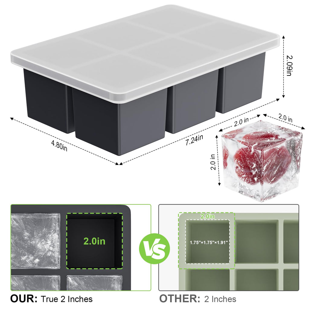 Large Ice Cube Tray for Whiskey: 2" Big Silicone Ice Tray with Lid for Whisky - 3Pack Old Fashioned Ice Cube Trays for Cocktail - Huge Square Cubed Bourbon Ice Cube Maker