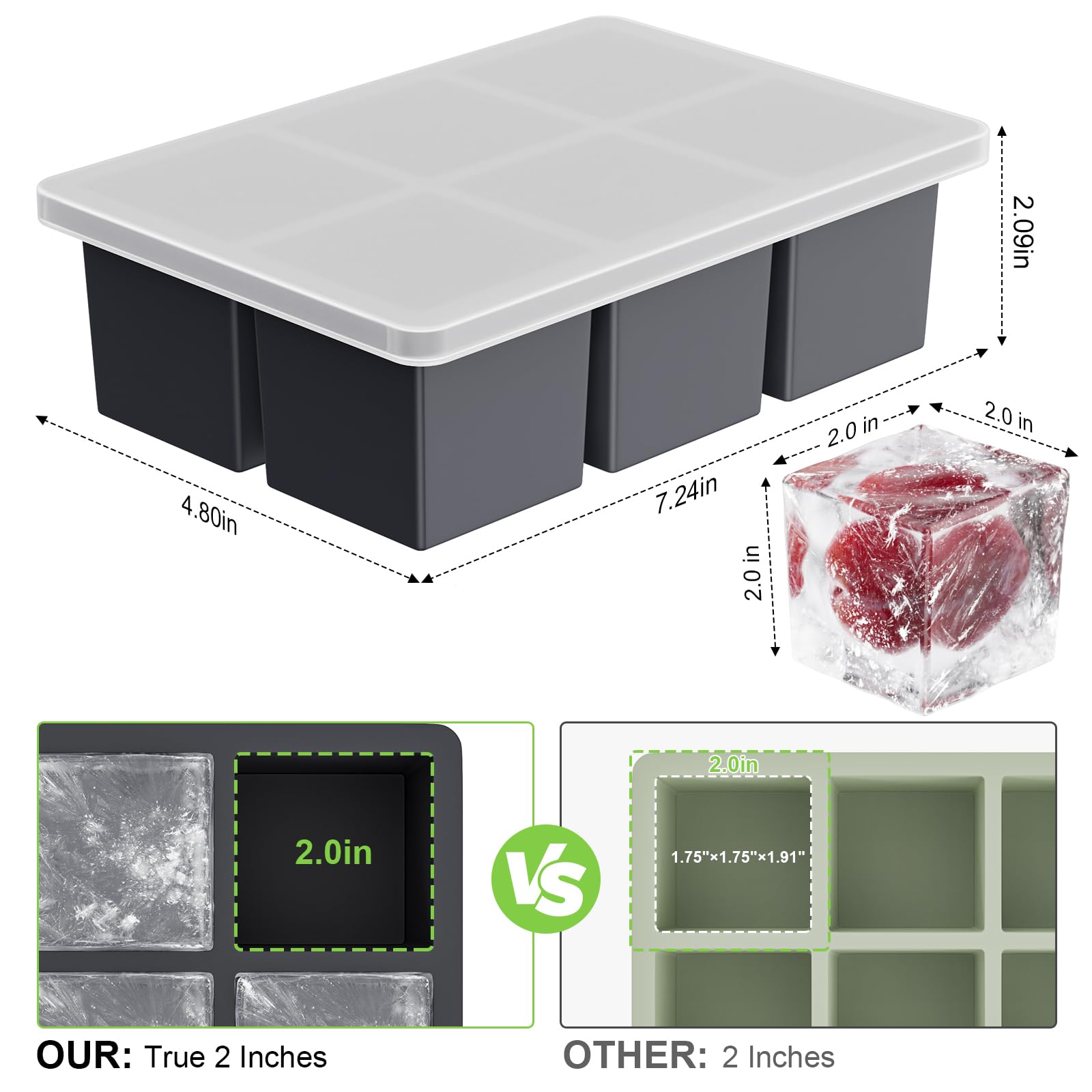 Large Ice Cube Tray for Whiskey: 2" Big Silicone Ice Tray with Lid for Whisky - 3Pack Old Fashioned Ice Cube Trays for Cocktail - Huge Square Cubed Bourbon Ice Cube Maker