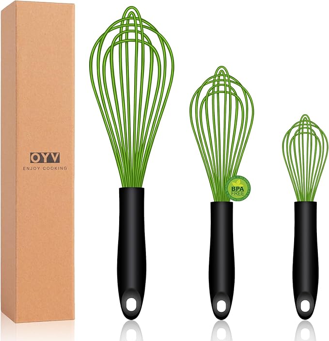 OYV Green Silicone Whisk Set of 3, 8/10/12 Inch, Dishwasher Safe