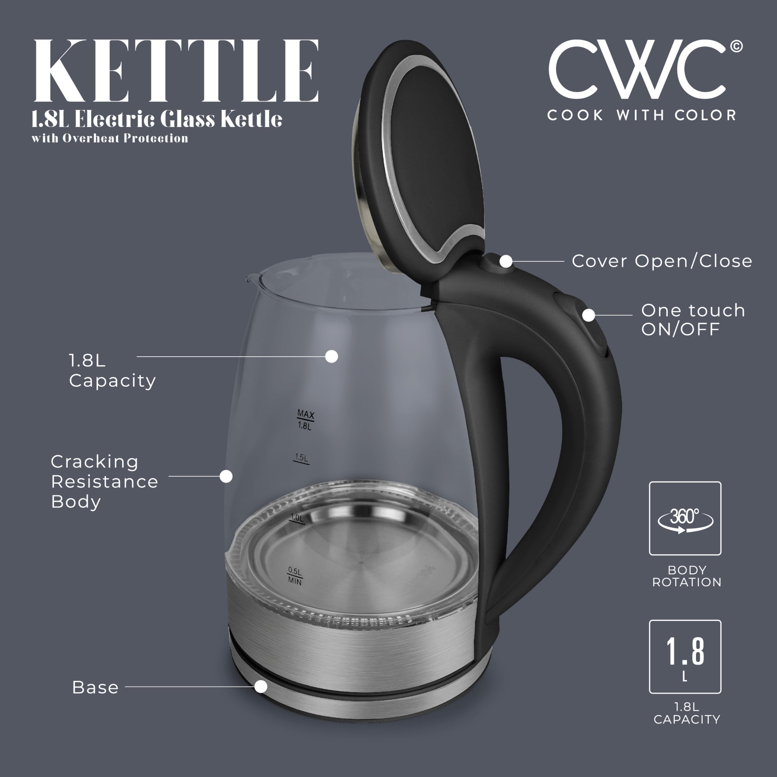 COOK WITH COLOR Electric Tea Kettle, 1.8L Cordless Hot Water Boiler, 1200W Rapid Boil, Auto Shutoff & Boil Dry Protection, BPA-Free, Sleek Countertop Design, Black