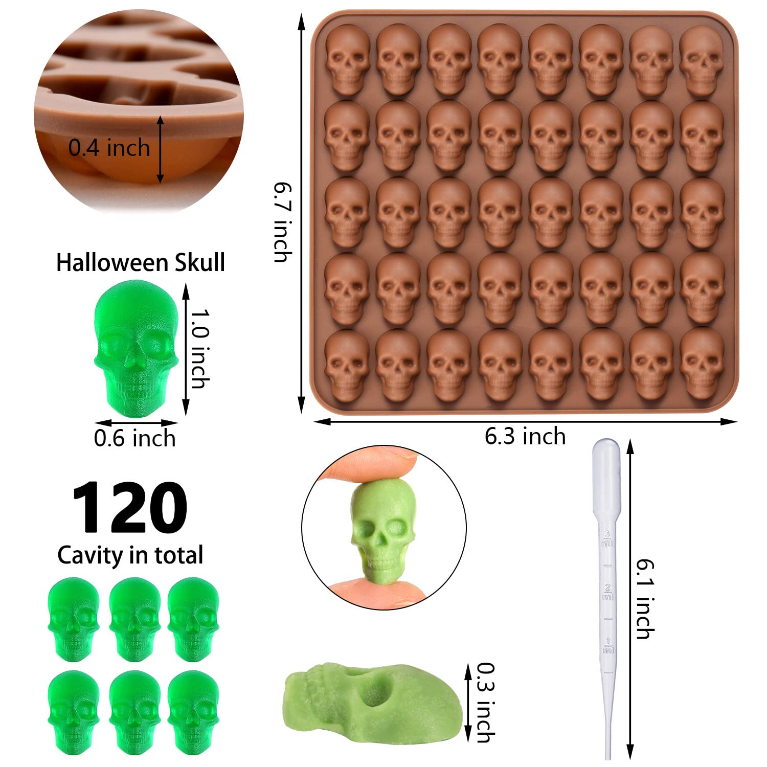3Pcs Skull Silicone Candy Molds, Mini Skull Mold with 3 Droppers