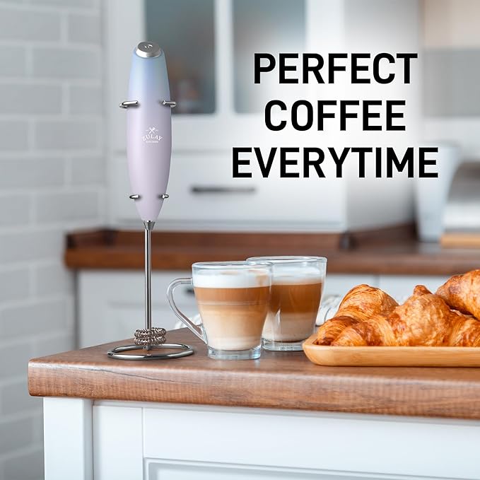 Zulay Kitchen Powerful Milk Frother Wand With Duracell Batteries - Ultra Fast Handheld Drink Mixer - Electric Whisk Foam Maker for Coffee, Lattes, Cappuccino & Matcha - Double Whisk - Cloud