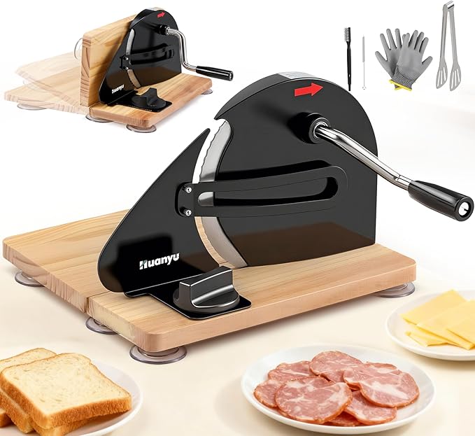 Huanyu Manual Bread Slicer Upgrade Foldable Sourdough Cutter Versatile Hand Crank Stainless Steel Blade Adjustable Thickness with Scale Line & Suction Cup for Homemade & Commercial Use Black