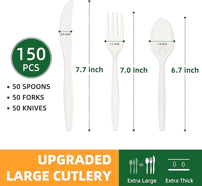 FEHHTO 100% Compostable Cutlery Set, Disposable Cornstarch Utensils Heavy Duty BPI Certified Eco-Friendly Party Supplies No Plastic-150pcs (50 Forks,50 Spoons,50 Knives)