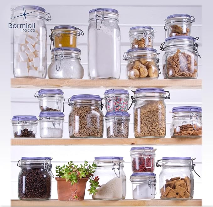 Bormioli Rocco Fido Glass Jar, Blue Lid - Food Storage Container with Airtight Seal - 17.5 oz Clamp Lock Canister for Dry Foods, Appetizers & Desserts - Italian Glass, Dishwasher Safe