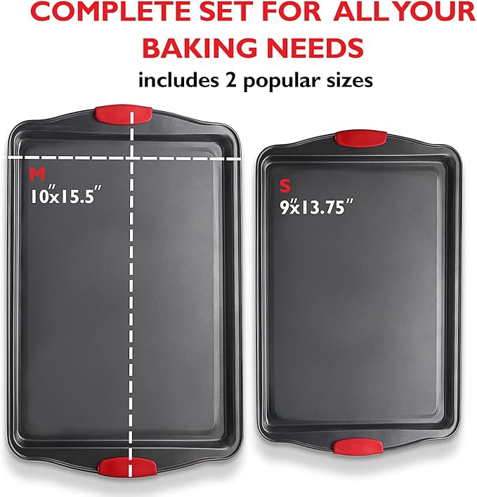 Eatex Nonstick Baking Sheet Set, 2-Piece Baking Pans Set with Silicone Handles, Carbon Steel Cookie Sheets for Baking Commercial Grade Quality Oven Tray, Jelly Roll/Quarter Sheet Pans for Baking