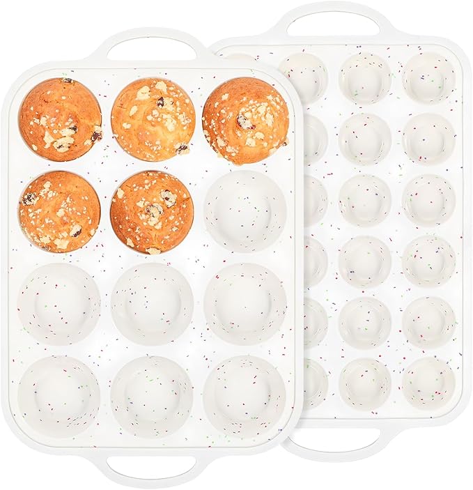 Fimary Silicone Muffin Pan with Metal Reinforced Frame - 12 Cups Muffin Pan With 24 Cups for Homemade Muffins, Cupcakes, Oven and Dishwasher Safe - Set of 2, Rainbow Dots