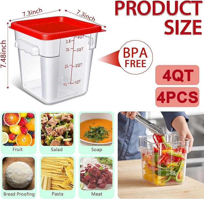 SHANDERBAR 4 Pack 4QT Food Storage Containers with Red Lids - Square, Clear