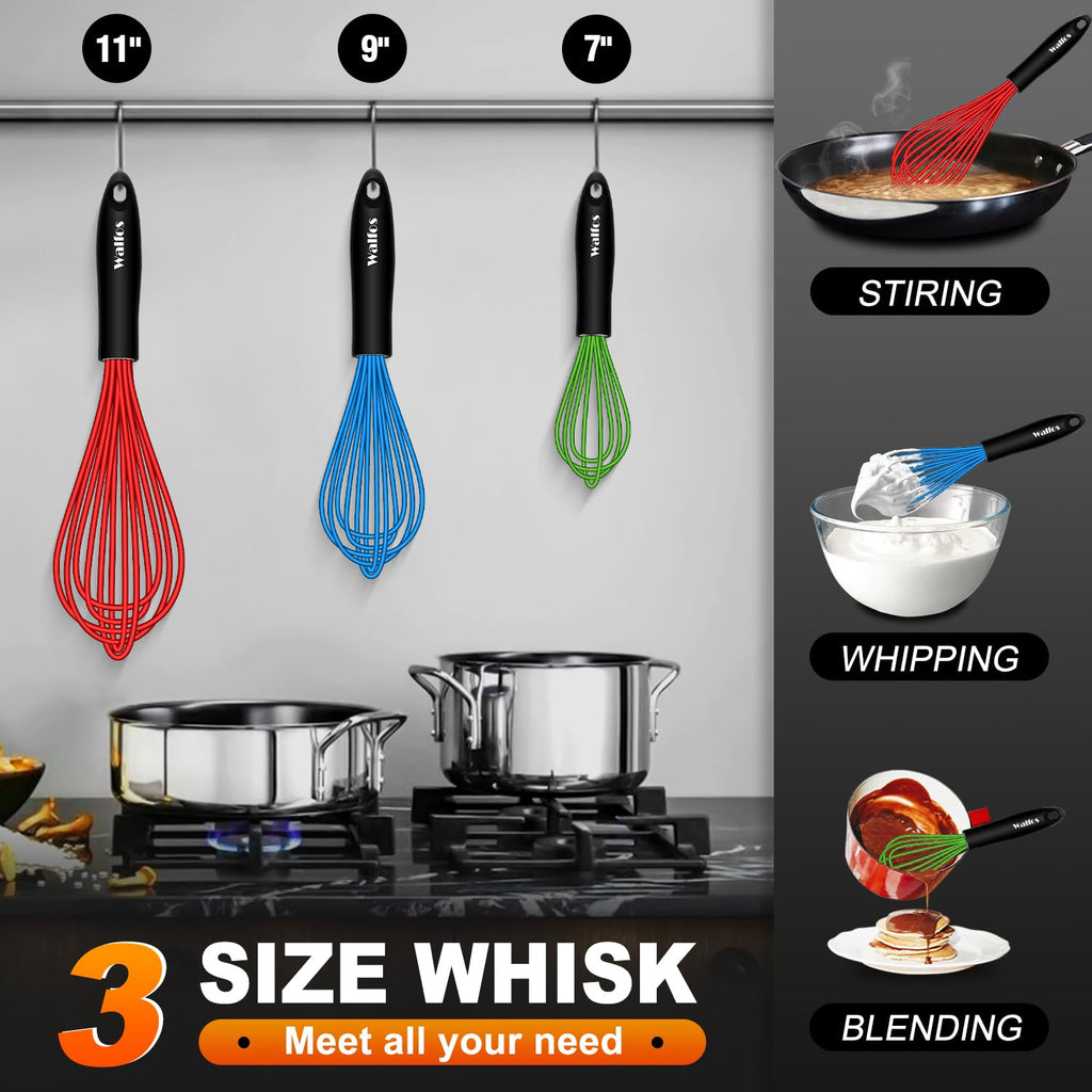 Walfos Whisk,7+9+11in Silicone whisk, BPA free Whisks for Cooking Non Scratch. Heat Resistant(480°F) Wisk. Perfect for Blending, Mixing, Beating etc.Dishwasher Safe.Set of 3 (Colorful)