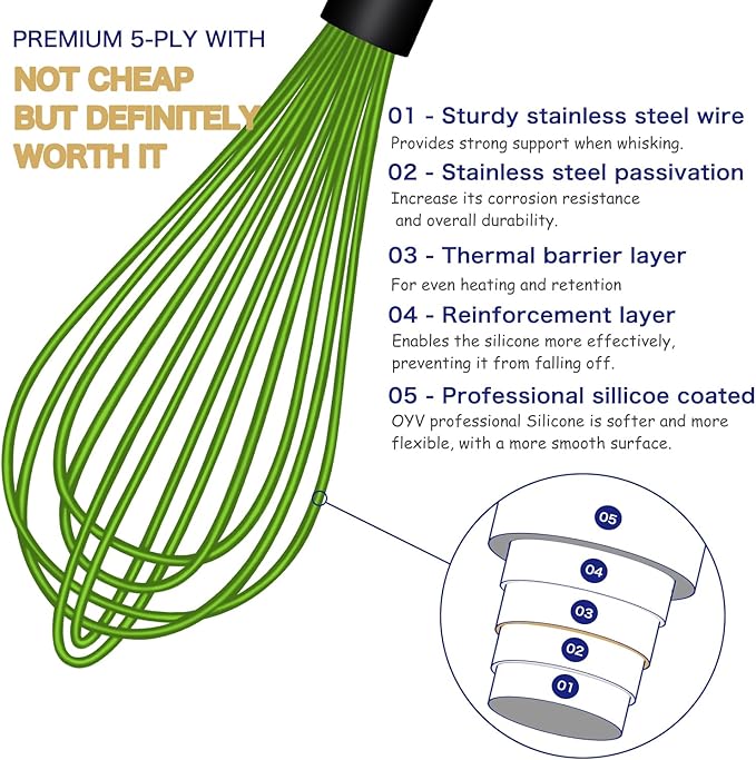 OYV Green Silicone Whisk Set of 3, 8/10/12 Inch, Dishwasher Safe