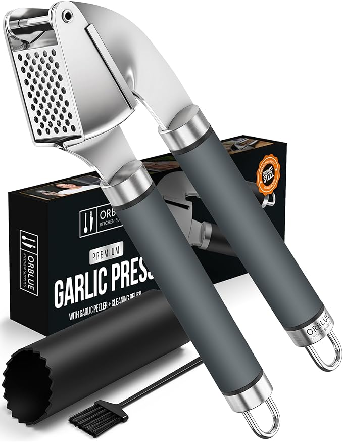ORBLUE Garlic Press and Peeler Set, Stainless Steel - Professional Grade Mincer, Crusher - Dishwasher Safe & Rust-proof, Gray