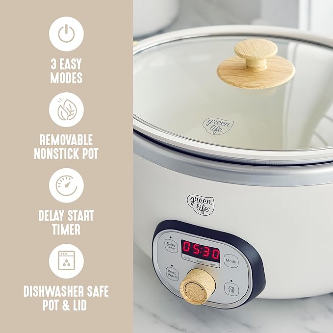 GreenLife 8QT Ceramic Nonstick Slow Cooker, Cooktop/Oven Safe, Cream