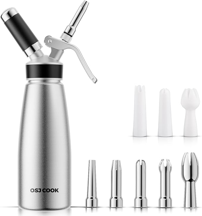 Whipped Cream Dispenser 500ml, Professional Cream Whipper with 8 Nozzles