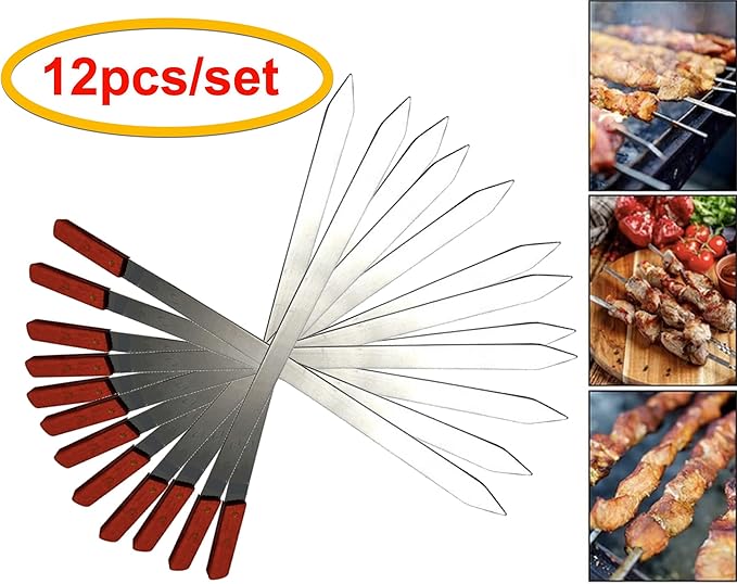 eMart4u Kabob Skewers for Grilling – 1" Wide, 24" Long Flat Stainless Steel BBQ Skewers with Wood Handle | 1 FREE Skewer | Shish Kebab for Persian, Brazilian, Koubideh (12pcs)