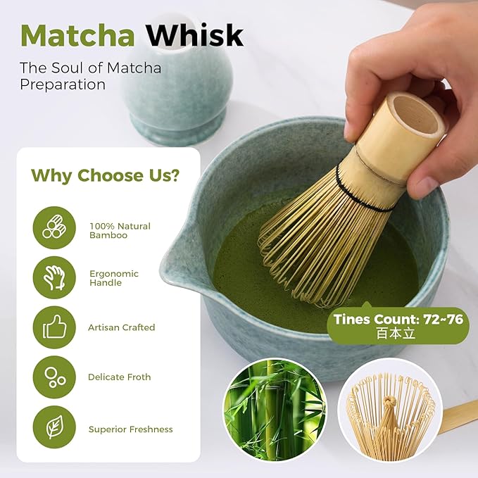 TUDRUKU Matcha Whisk Set, 5-Piece Bamboo Kit with Spout Bowl, Bluish Green